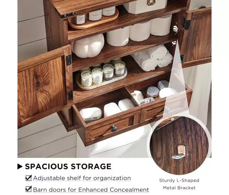 Farmhouse 24 Bathroom Wall Cabinet with Drawer, Double Barn Doors, Adjustable Shelf, White Medicine Cabinet Storage for Bathroom Kitchen Living Room