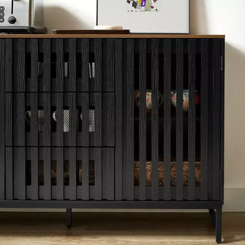 Okak Chic Slatted Dresser with 3/6 Drawers,Modern Style Chest of Drawers for Living Room,Entryway,Slatted Grille&Metal Legs,Black&Brown
