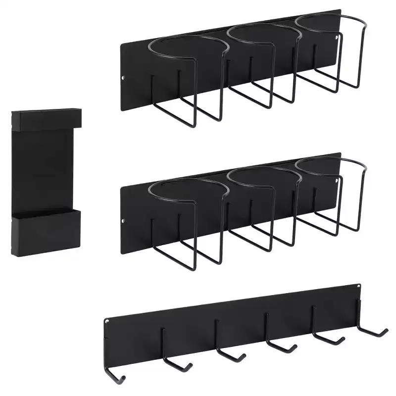 Magnetic Cup Holder Organizer - Water Bottle Rack with Lid Hooks & Straw Holder, Black Steel