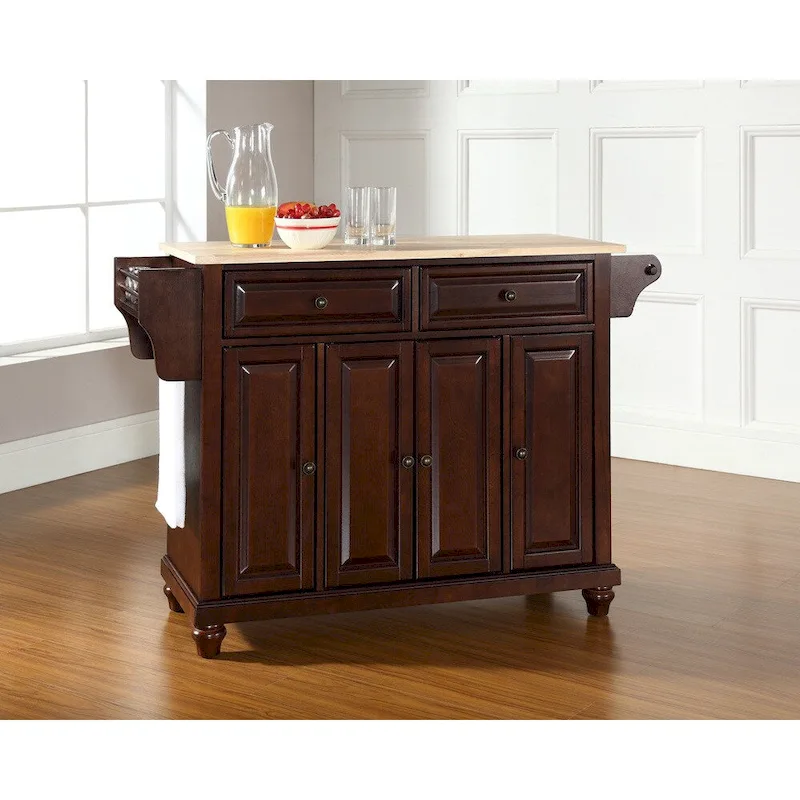 Crosley Cambridge Natural Wood Top Kitchen Island in Vintage Mahogany Finish - 18d x 51.5w x 34h