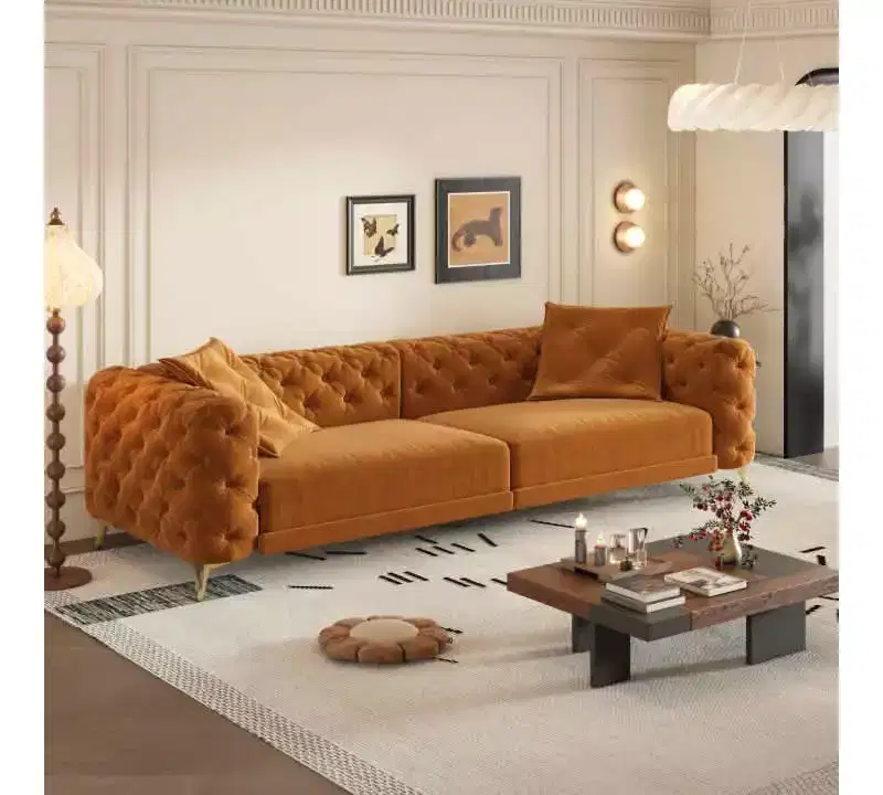 Orange Velvet 3-in-1 Convertible Sofa Bed with Ottoman, Seats 4