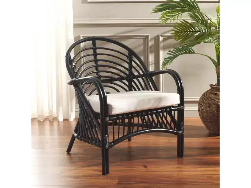 Rattan Accent Chair with Removable White Cushion – Black Frame, Wood Legs