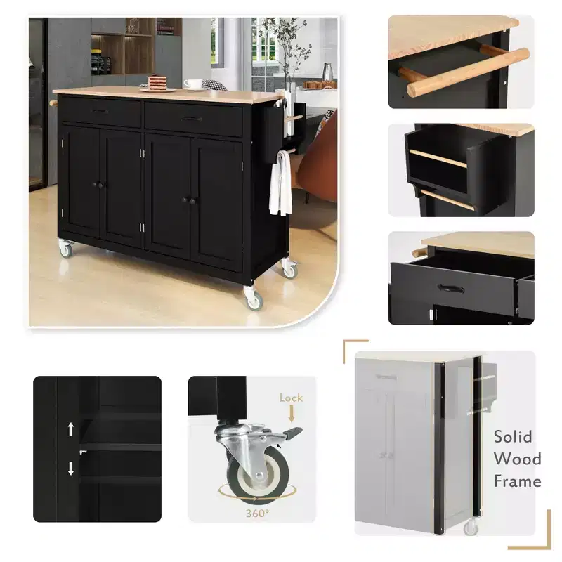 Whisen Modern Wood Kitchen Island with Spice Rack and Drawers