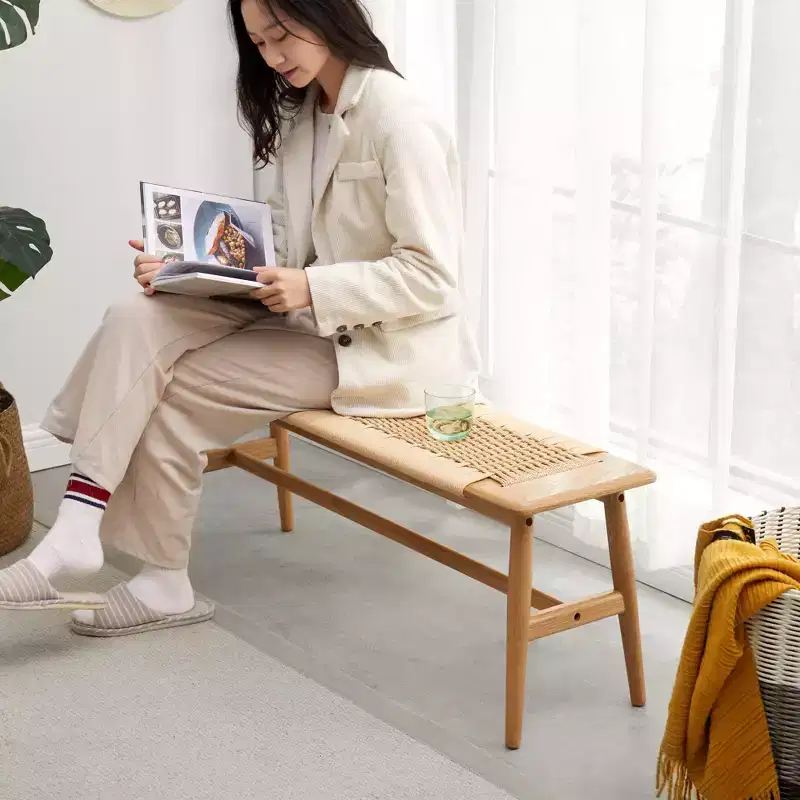 EHMKNP Natural Oak Woven Bench: Versatile Seating for Dining, Bedroom & Beyond