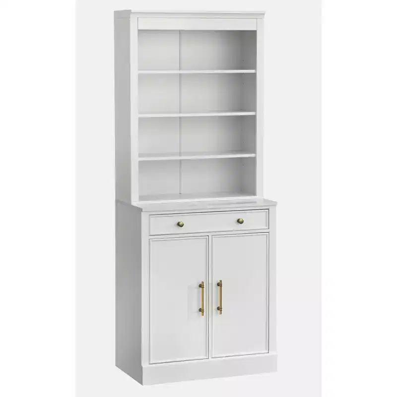 Lifestorey 2pc Monza Modular Cabinet and Hutch with Faux Marble Top White: Farmhouse Style, Faux Marble Top, Adjustable Shelves