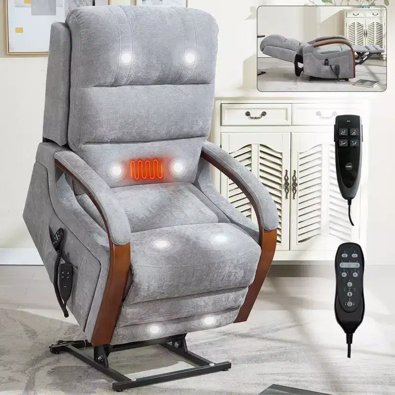 Grey Chenille Power Lift Recliner Chair with Solid Wood Armrests and Heat Massage for Living Room Apartment