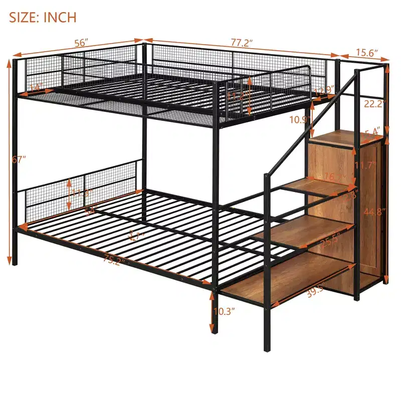 Bellemave Metal Bunk BedBunk Bed with Storage Stairs and Wardrobe, Bunk Bed for Adults/Kids/Teens, Black