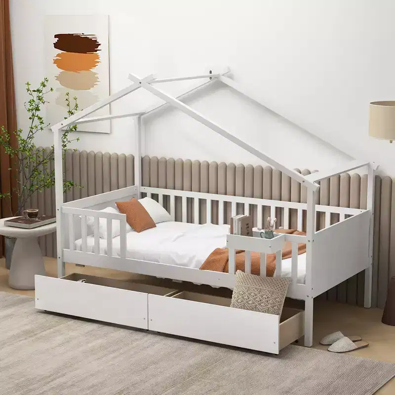 Twin House Bed with 2 Storage Drawers, Roof, Fence Rails, Headboard and Footboard