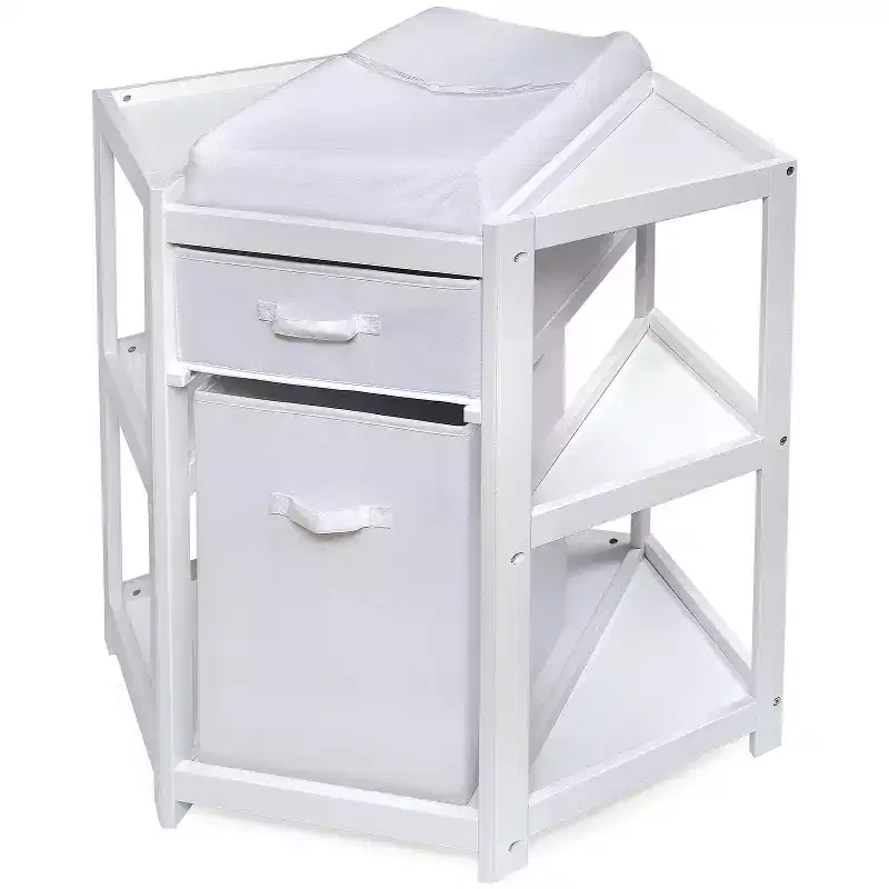 HomeStock Corner Baby Changing Table with Hamper & Storage Drawer, Space-Saving Nursery Organizer with Safety Belt & Pad
