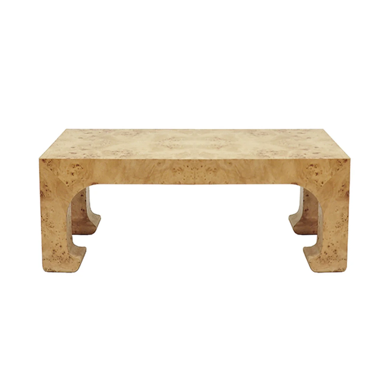 Traditional Burl Wood Coffee Table with Rectangular Pagoda Silhouette & Chow Foot Base for Living Room