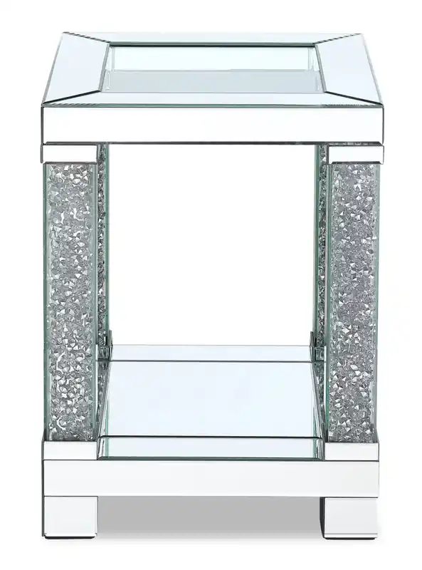 18 Glam Mirror & Glass Top End Table with Shelf - Silver Metal with Diamond Look Legs