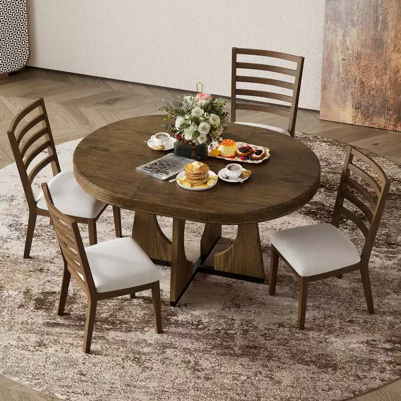 Whisen 5-Piece Retro Rustic Functional Dining Set with 1 Extendable Table and 4 Upholstered Chairs