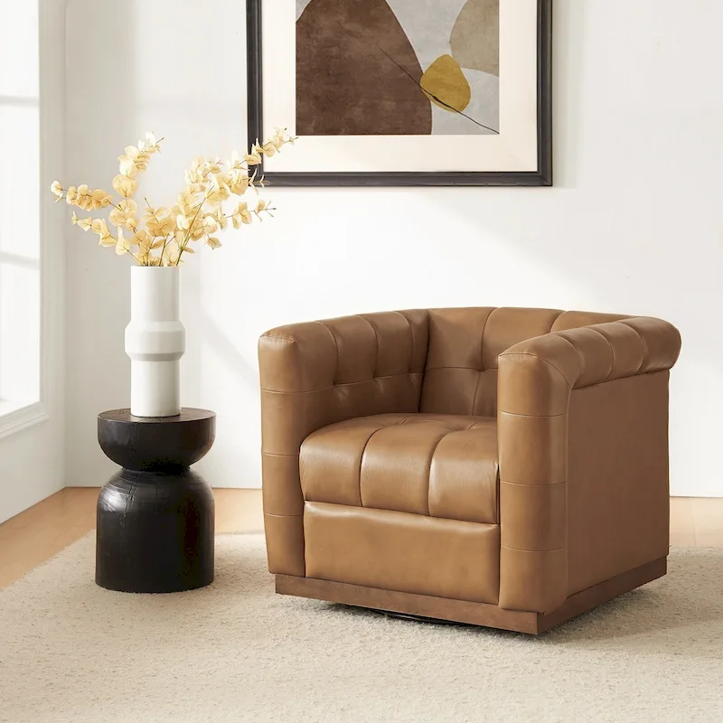 JeremiasMid-certury Modern GenuineLeatherTufted SwivelClubChair with Wooden Apron by HULALA HOME