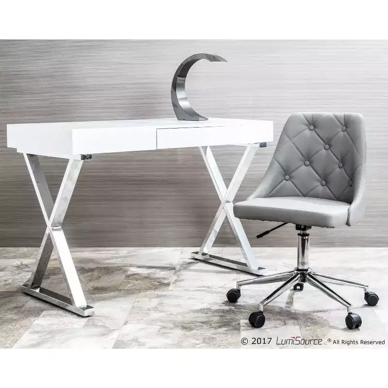 Luster Contemporary Desk White - LumiSource: Chrome X-Legs, MDF, Gloss Finish, Pullout Drawer