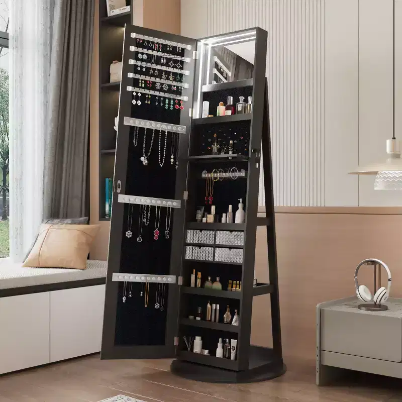 360 Swivel Jewelry Cabinet with Full Length Mirror, Rotating Standing Floor Mirror, Full Length Freestanding Armoire Organizer