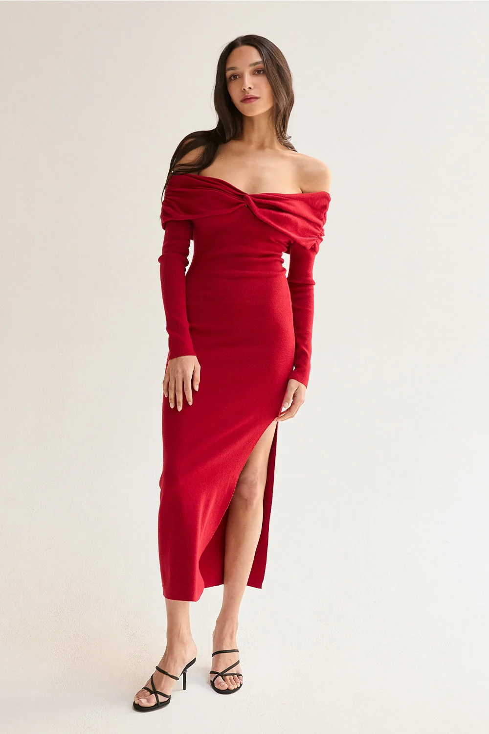 Off Shoulder Sweater Dress Long Sleeve Knit Midi Dress