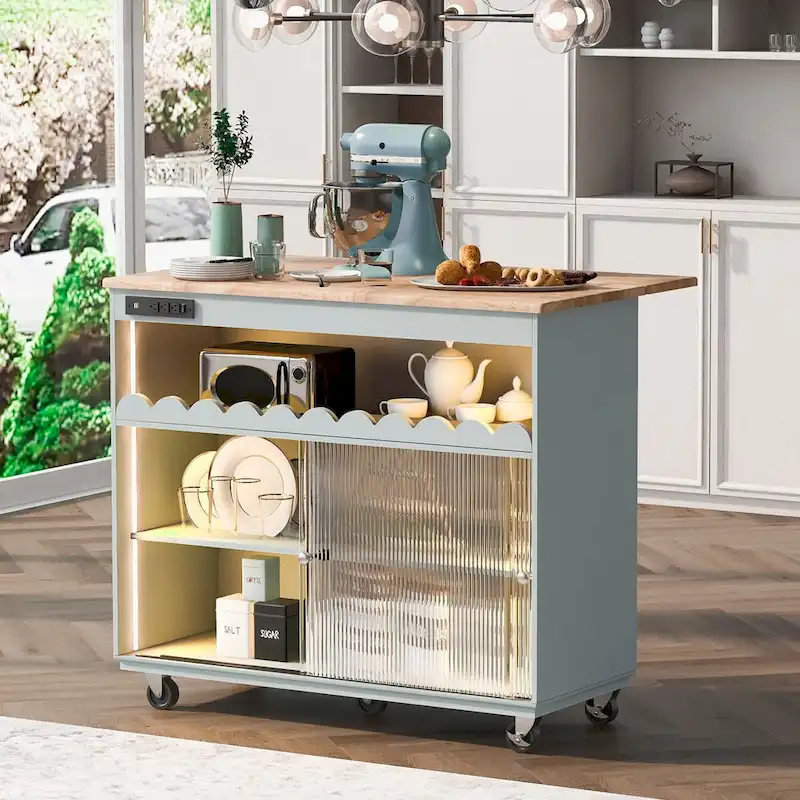 44 in. W Kitchen Island Rubberwood Drop-Leaf Countertop on 5 Wheels with Open Shelf and Wine Rack - 44
