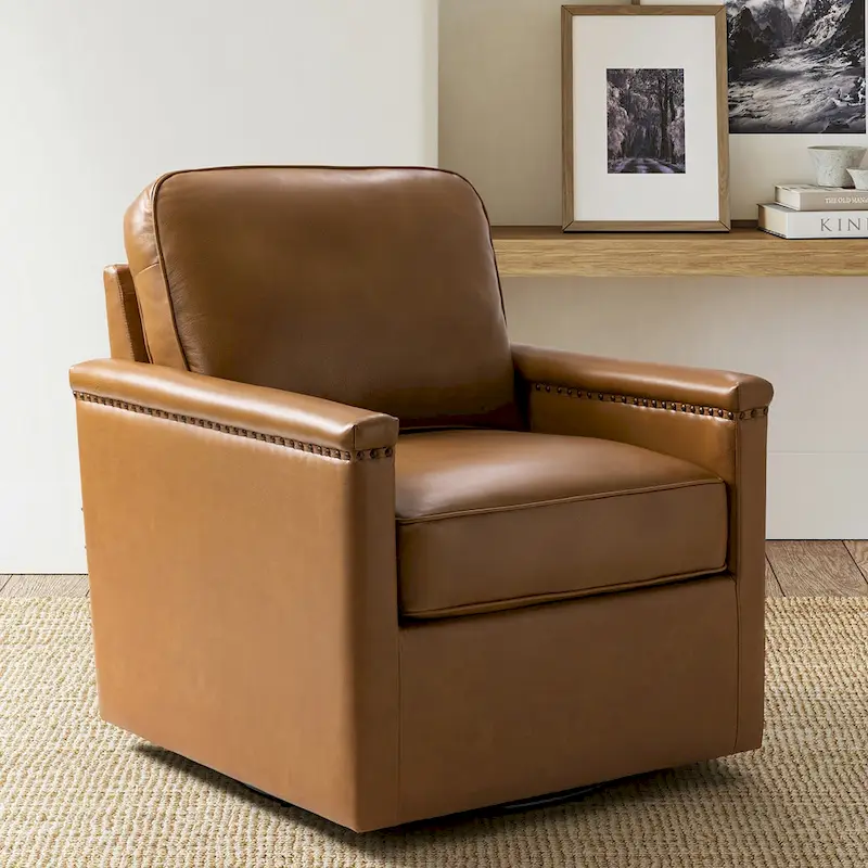 Rita Classic Genuine Leather Swivel Armchair With Nailhead Trims By HULALA HOME