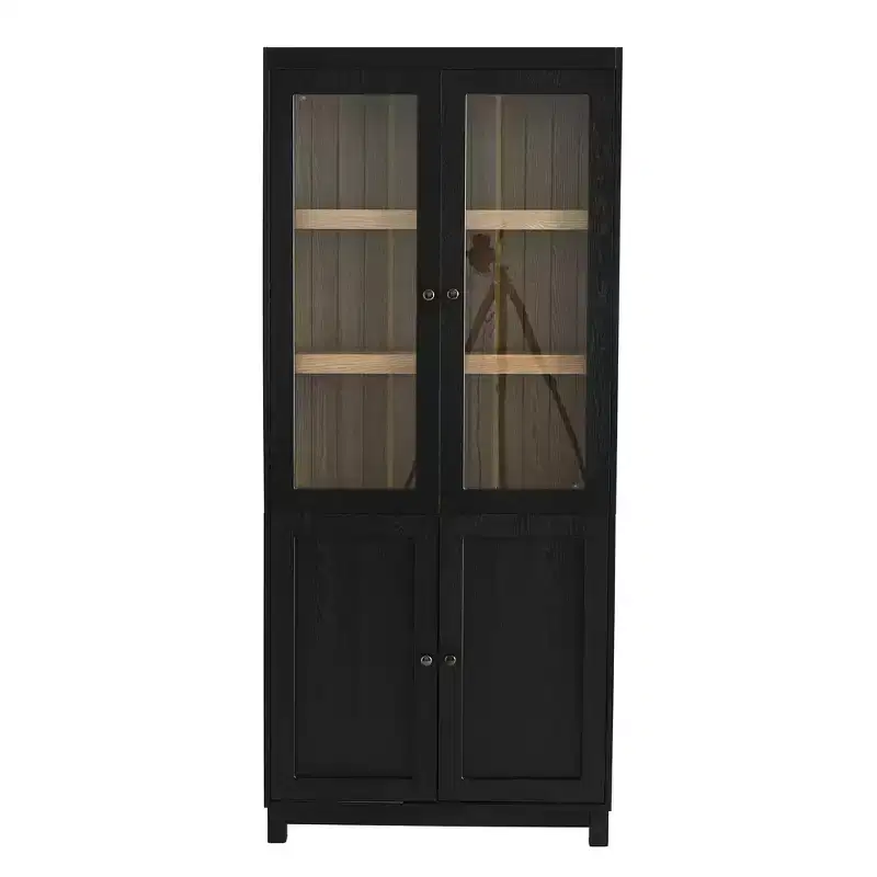 74.5 H Ash Wood Grain Display Cabinet, Bookcase with Glass Doors & Adjustable Shelves