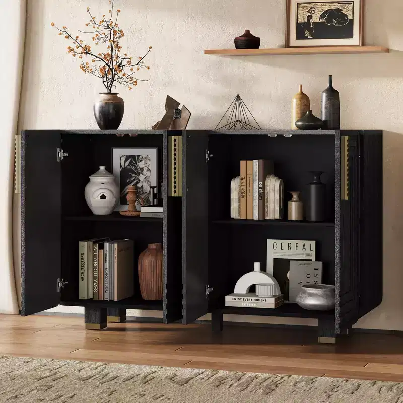 54-Inch Vintage-Style Sideboard with Storage, 4-Door Vintage Recessed Sideboard with Adjustable Shelves, Suitable for Dining Room, Kitchen
