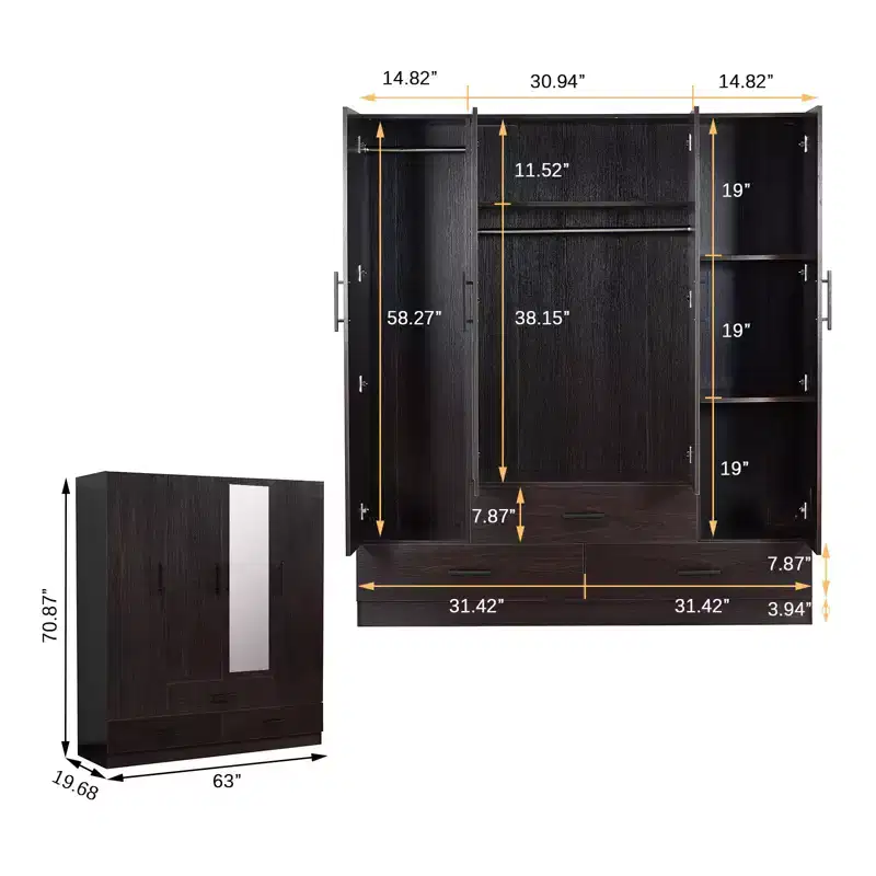 Keloyid Brown Wood 62.99 in. Armoire with 3 Drawers and 6 Shelves