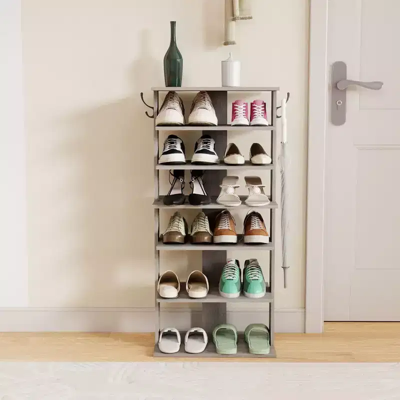 TUYOHW 7-Tier Vertical Shoe Rack with Hooks, Multi-feature Shoe Organizer for Entryway