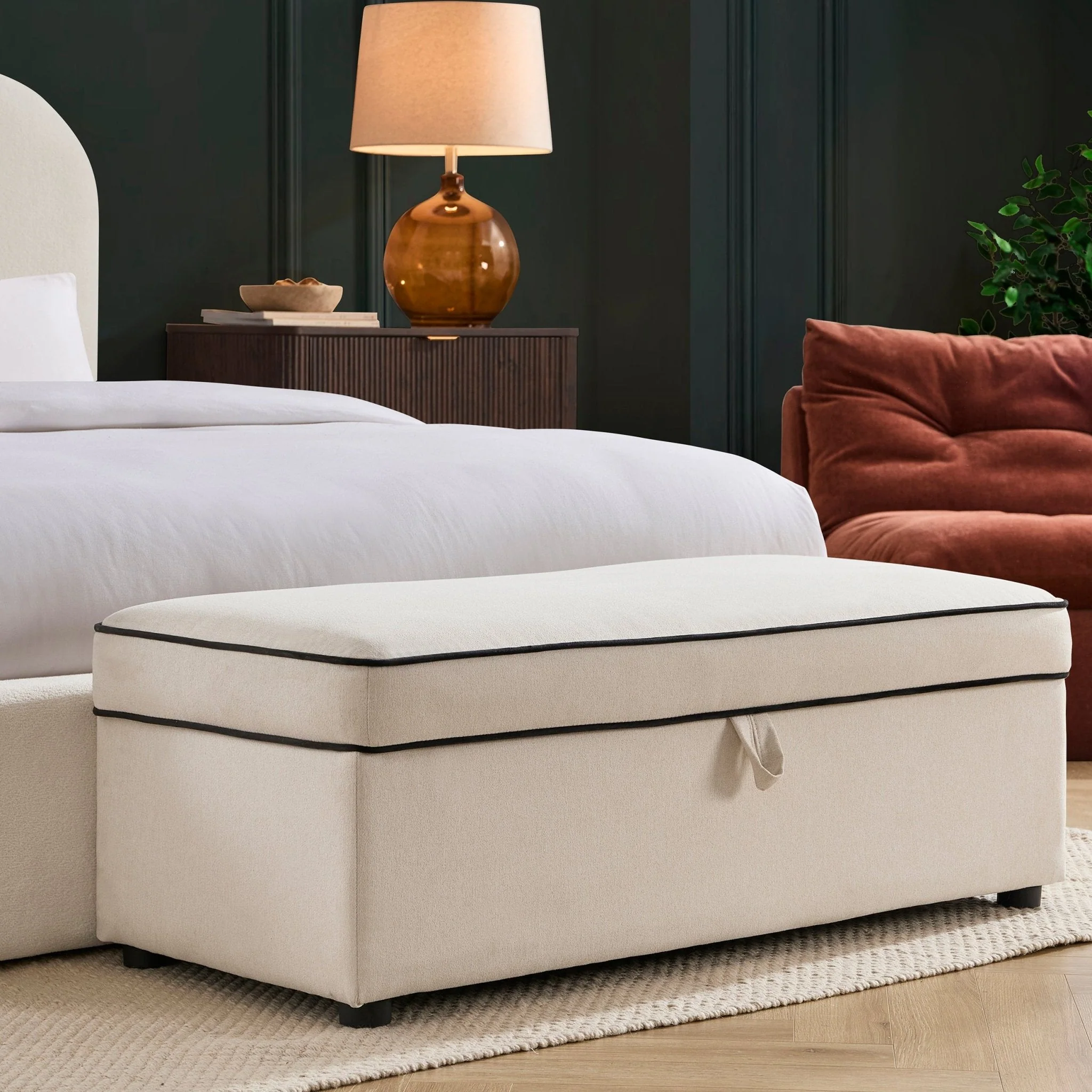 Rectangle Ottoman Storage - Cream Linen/Black