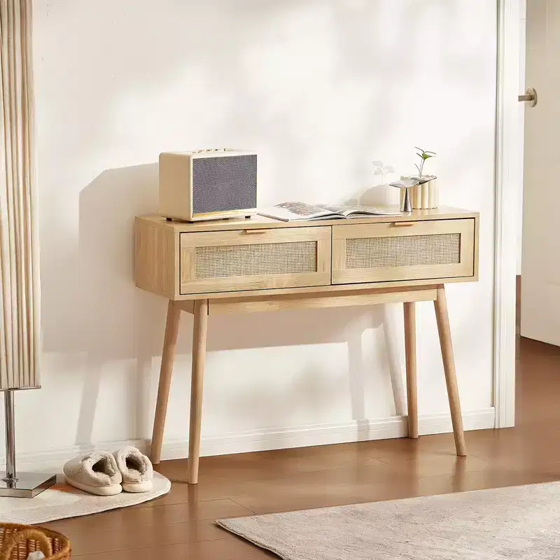 Rattan Console Table with 2 Storage Drawers and Sliding Door, Natural