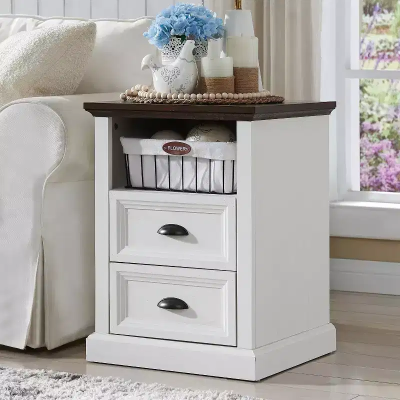 Farmhouse Nightstand with Charging Station, 2 Drawers & Open Shelf, 18