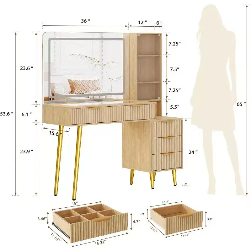 GustoWave 5 Drawers Vanity Desk, Makeup Dressing Table with Built-in USB Outlet Charging Station