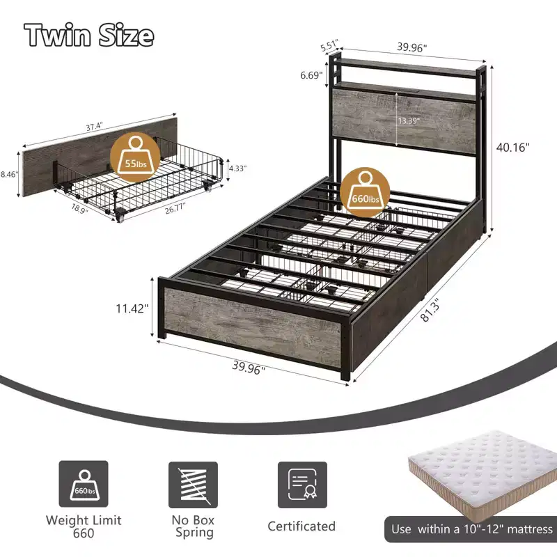 VINGLI Metal Platform with 4 Storage Drawers/Headboard/LED Lights/Charging Station, No Box Spring Needed, Easy Assembly, Wash Grey