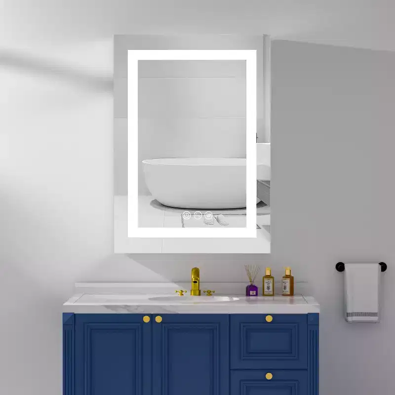 HBEZON Medicine Cabinet with Mirrors and Lights, Wall Mount Lighted Bathroom Cabinet, Defogger, Dimmable, Aluminum, Silver