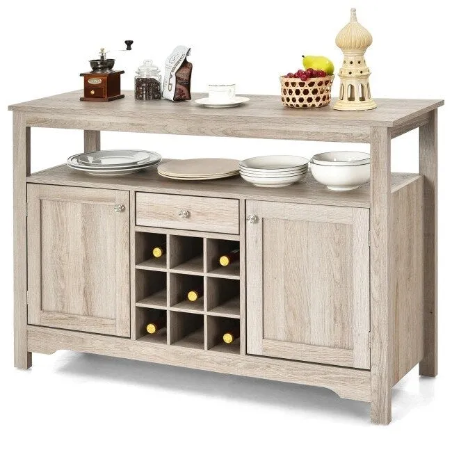 Gray Oak Buffet Server 9 Bottle Wine Cabinet Console - 45.5 inches L x 16 inches W x 31.5 inches H