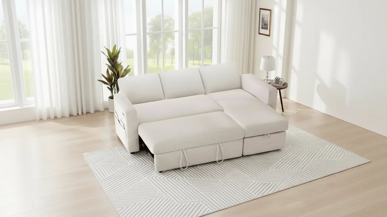 2 in 1 Pull Out Sleeper Sofa with Storage Chaise C Chenille Sectional Couch with USB Ports for Living Room