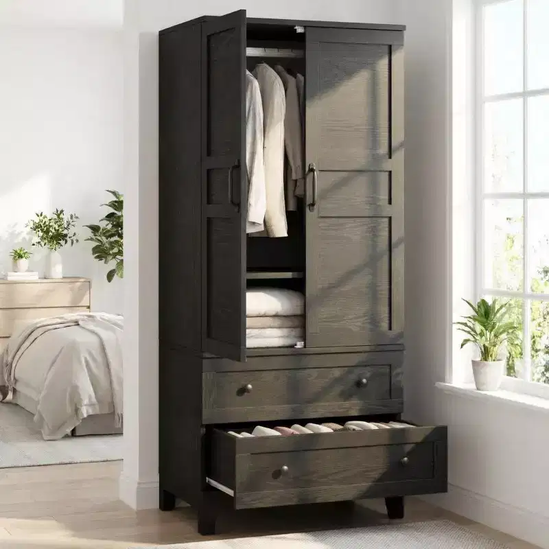 COZONY 72 Armoire Wardrobe Closet with 2 Doors & 2 Drawers, Wooden Clothing Storage Cabinet with Hanging Rod & Adjustable Shel