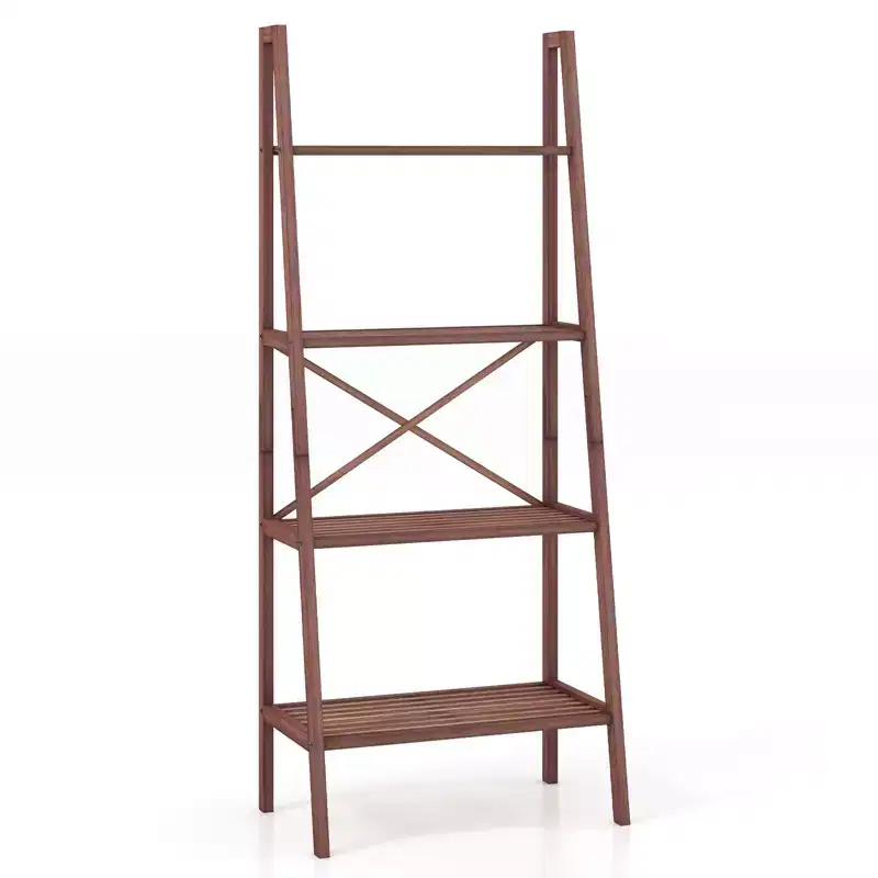 4-Tier Bamboo Ladder Bookshelf Rustic Bookcase Floor Standing Shelving Unit Book Shelf Storage Organizer