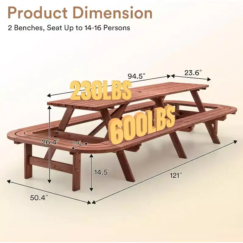 Zevemomo 14-16 Person Outdoor Wood Patio Dining Set with Umbrella Hole, 2 Built-in Long Benches, 2630LBS Total Capacity for Yards, Brown
