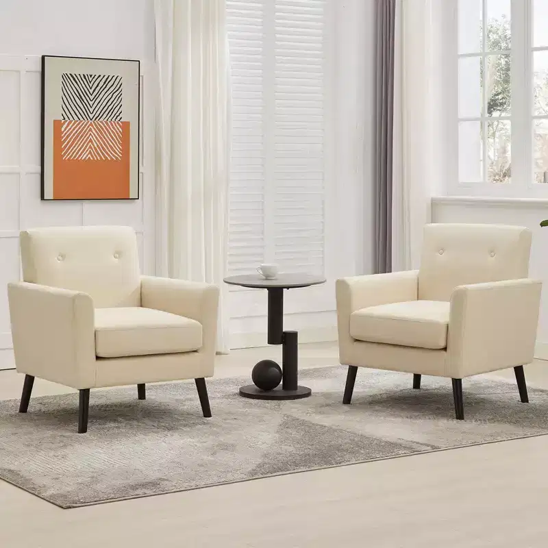 Mid-Century Modern Accent Chair with Wood Legs | Linen Fabric Upholstered Armchair with Thick Cushion for Living Room, Office & Bedroom