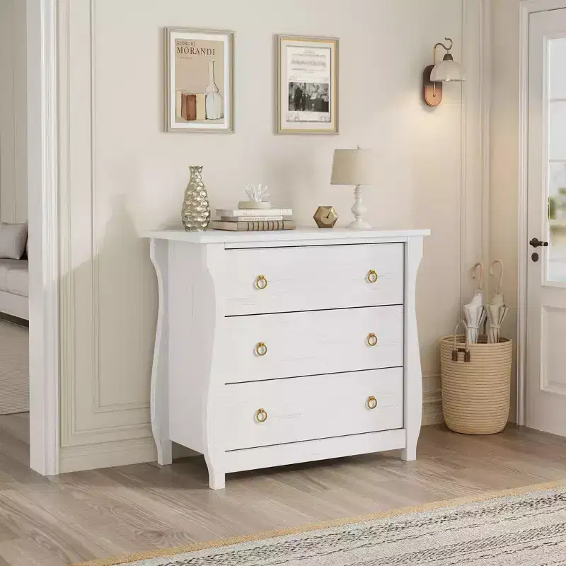 3-Drawer Boho Dresser with Curved Legs & Rattan Accents - Freestanding Storage Cabinet for Bedroom, Living Room, Entryway, or Balcony