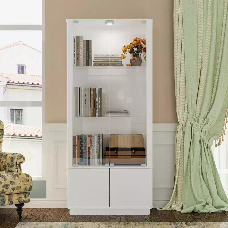 White Display Cabinet with Tempered Glass & Top Spotlight,Minimalist Bookcase,Collectibles Display & Storage,for Home Office/Study/Living Room