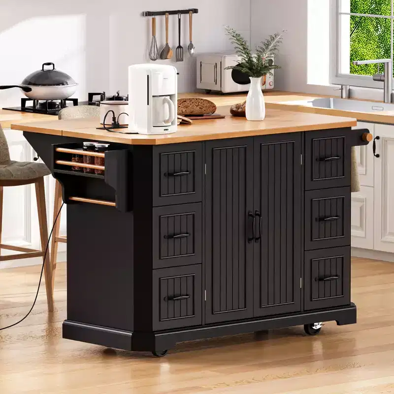 Kitchen Island with Drop Leaf and Wheels, Kitchen Storage Cart with Drawers and Storage Rack, Rolling Kitchen Island with Power Outlet