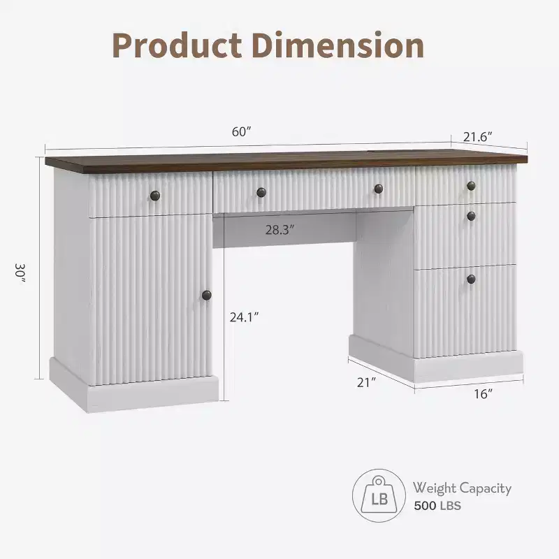 Fluted Home Office Desk Storage, Modern Executive Desk, Wooden Computer Writing Desk with File Cabinet & Drawers for Study, Living Room, Bedroom