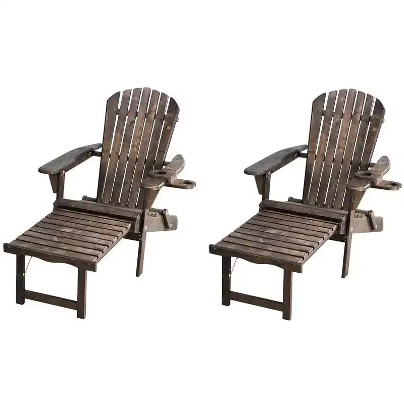 Jiallo Oceanic Collection Adirondack Chaise Lounge Chair Foldable, cup and glass holder, built in ottoman, Set of 2