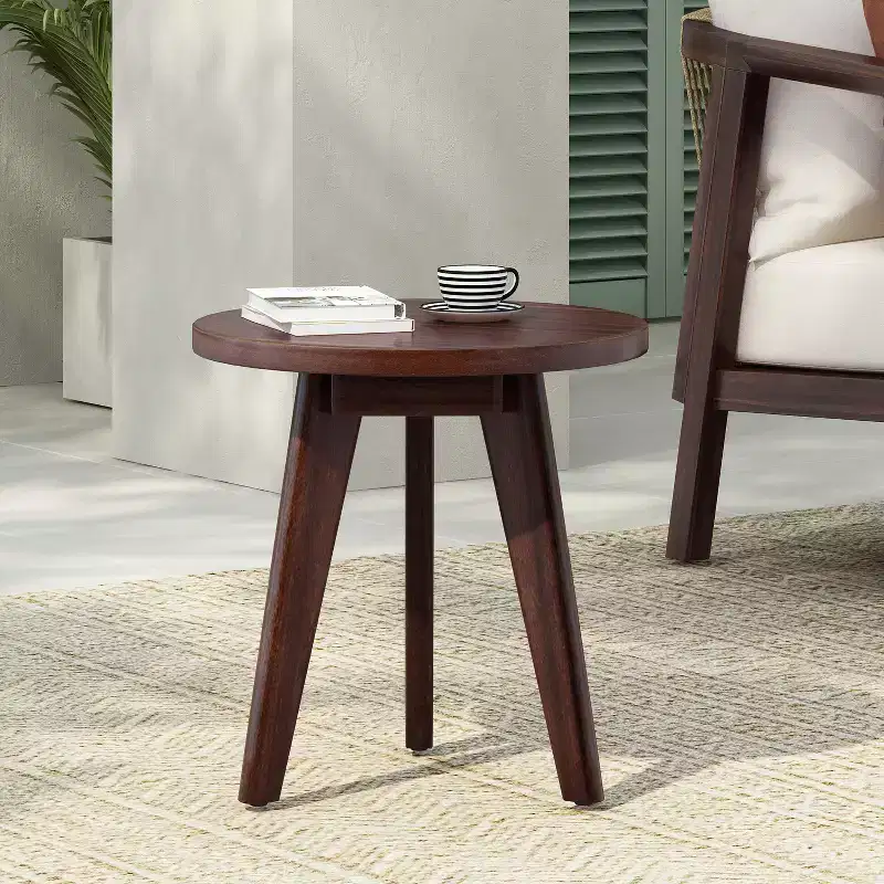 Marina Side Table with Round Top and Three Legs, Acacia Wood, for Bedroom or Living Room