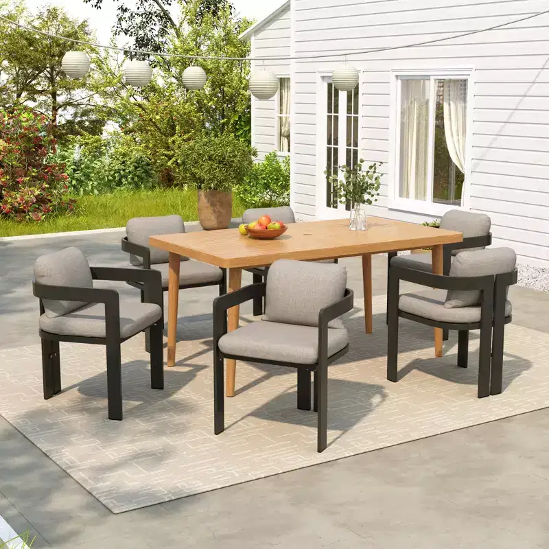 Christopher Knight Home Pula 7 Piece Outdoor Acacia Wood and Aluminum Dining Set with Umbrella Hole and Cushions
