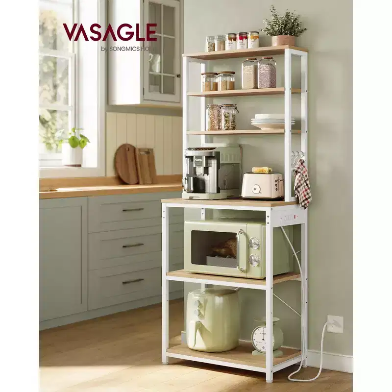 Bakers Rack with Power Outlet, 65.7 Inch Coffee Bar Shelf with Adjustable Shelf & 6 Hooks, Microwave Stand for Kitchen