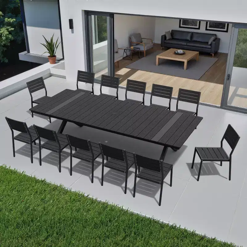 13PCS Extra Large Patio Dining Set X-Style Legs Stackable Chairs Wood Look Finish Table with Umbrella Hole