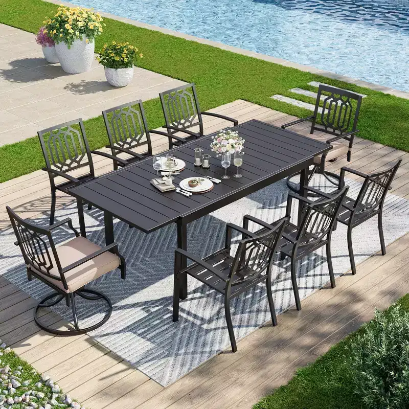 Captiva Designs 9pc Patio Slat-top Adjustable Steel Rectangle Dining Table & Black Metal Chairs
