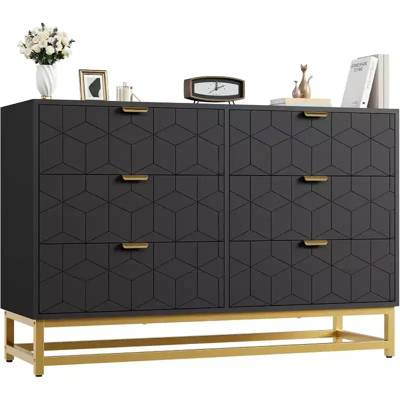 6 Drawer Dresser with Wide Storage, Wood Dresser Chest Organizer with Metal Legs, Modern Dressers & chests of Drawers for Bedroom, Living Room