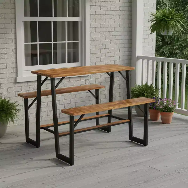 Gymax Acacia Wood Patio Picnic Table Bench Set w/ Built-in Footrests Adjustable Feet for Comfortable Outdoor Dining